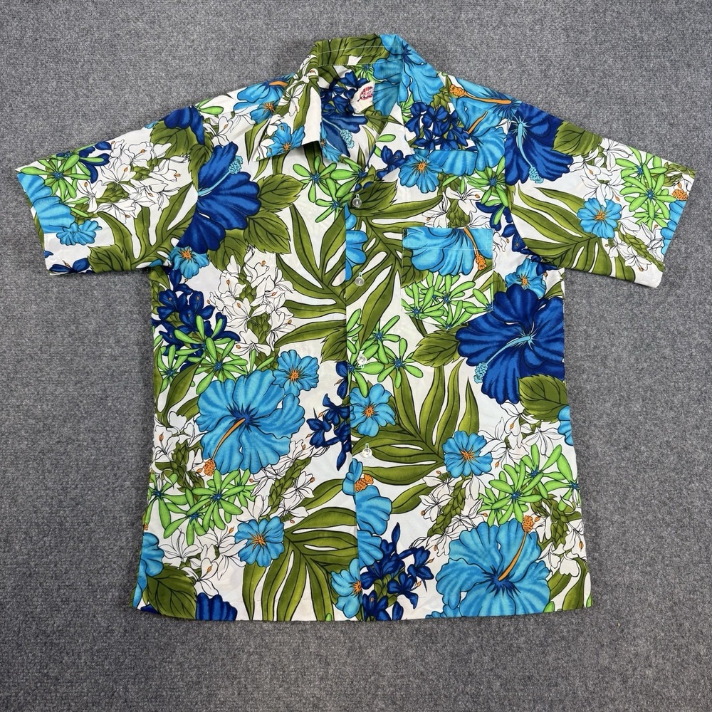 Vintage 70s Pomare Hawaiian Shirt Mens Large Blue Hawaii Floral Tropical‎